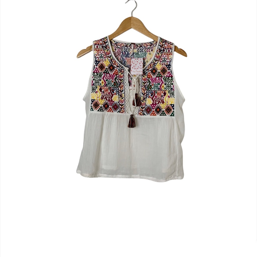 Free People Sleeveless Embroidered Tassel Top Size Medium Multi Colors